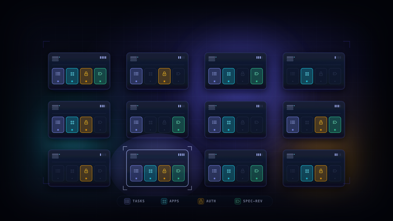 A grid of MCP server cards, each lit with a different set of capability badges