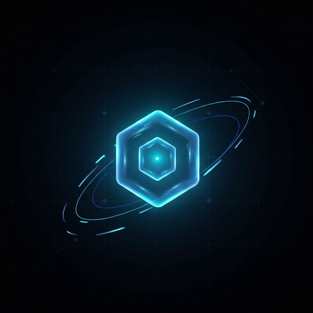 A glowing translucent hexagonal shape floating against a deep navy background, surrounded by faint orbiting trails — the MCPOrbit emblem.